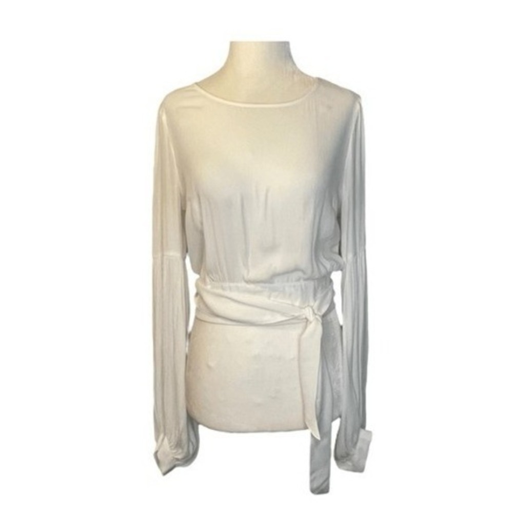 Forever 21 Cropped Wrap Top White‎ Rayon Knit Puff Long Sleeve Round Neck S